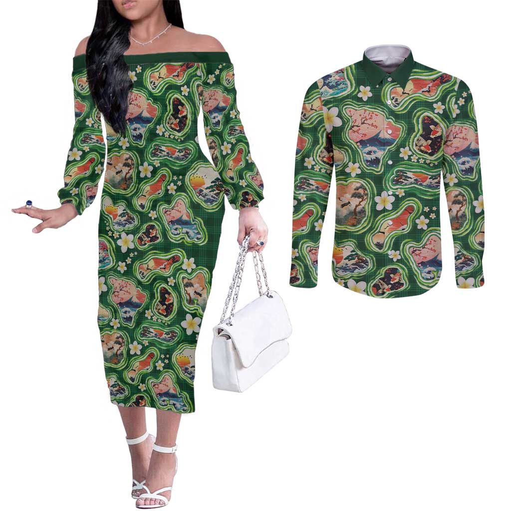 Hawaiian and Japanese Culture Together Couples Matching Off The Shoulder Long Sleeve Dress and Long Sleeve Button Shirt Hawaiian Island Shapes with Japanese Landscape Green Color LT03 Green - Polynesian Pride