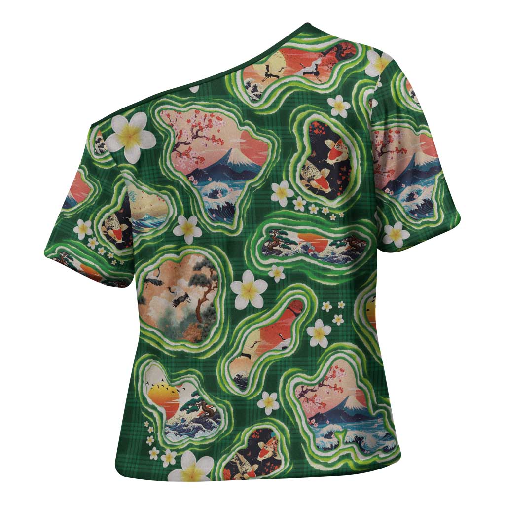 Hawaiian and Japanese Culture Together Cross Shoulder Shirt Hawaiian Island Shapes with Japanese Landscape Green Color