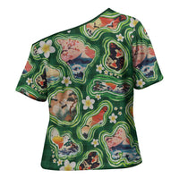 Hawaiian and Japanese Culture Together Cross Shoulder Shirt Hawaiian Island Shapes with Japanese Landscape Green Color