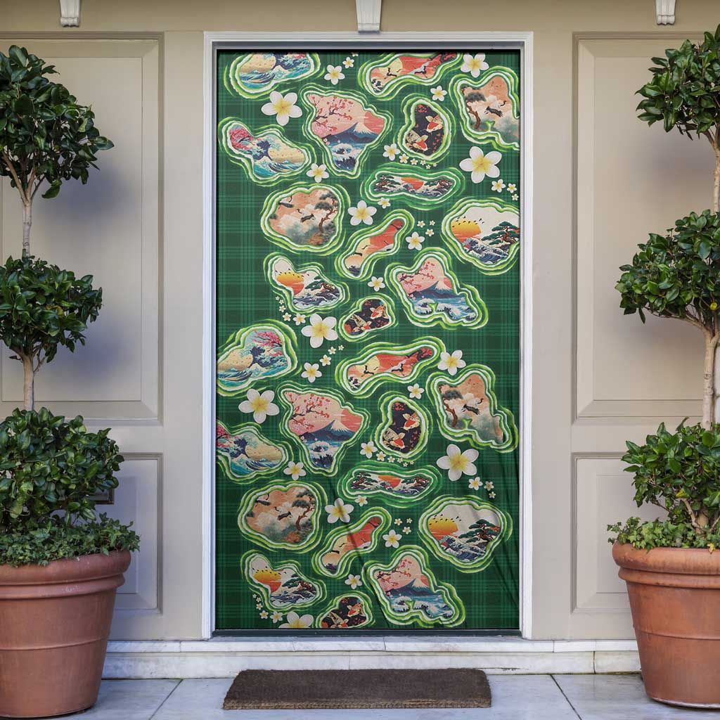 Hawaiian and Japanese Culture Together Door Cover Hawaiian Island Shapes with Japanese Landscape Green Color LT03 Green - Polynesian Pride