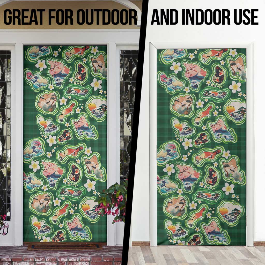 Hawaiian and Japanese Culture Together Door Cover Hawaiian Island Shapes with Japanese Landscape Green Color