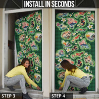 Hawaiian and Japanese Culture Together Door Cover Hawaiian Island Shapes with Japanese Landscape Green Color