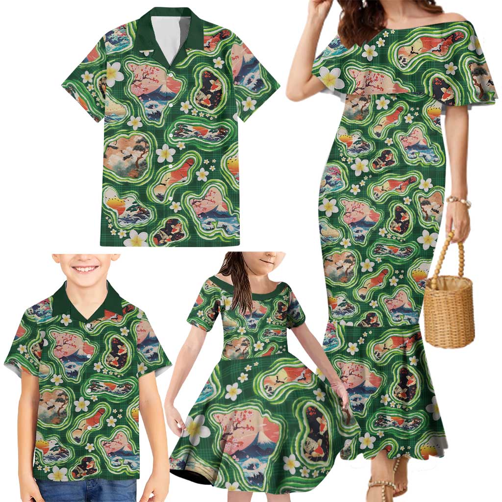 Hawaiian and Japanese Culture Together Family Matching Mermaid Dress and Hawaiian Shirt Hawaiian Island Shapes with Japanese Landscape Green Color