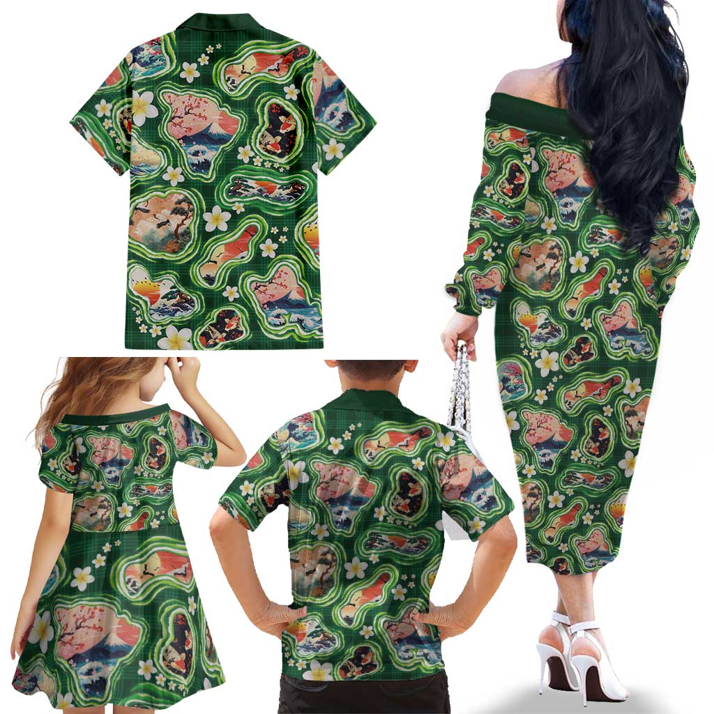 Hawaiian and Japanese Culture Together Family Matching Off The Shoulder Long Sleeve Dress and Hawaiian Shirt Hawaiian Island Shapes with Japanese Landscape Green Color