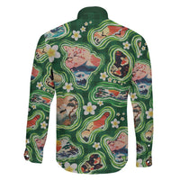 Hawaiian and Japanese Culture Together Family Matching Off The Shoulder Long Sleeve Dress and Hawaiian Shirt Hawaiian Island Shapes with Japanese Landscape Green Color