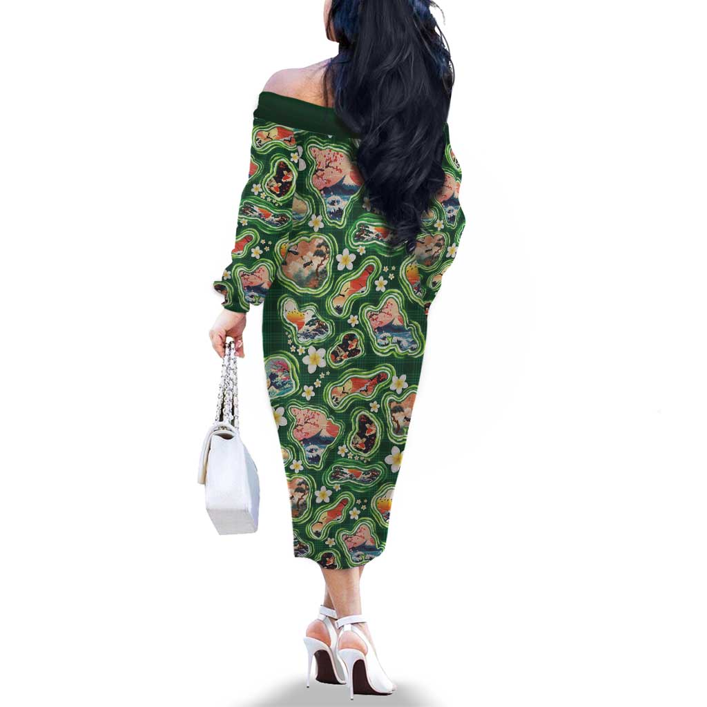 Hawaiian and Japanese Culture Together Family Matching Off The Shoulder Long Sleeve Dress and Hawaiian Shirt Hawaiian Island Shapes with Japanese Landscape Green Color