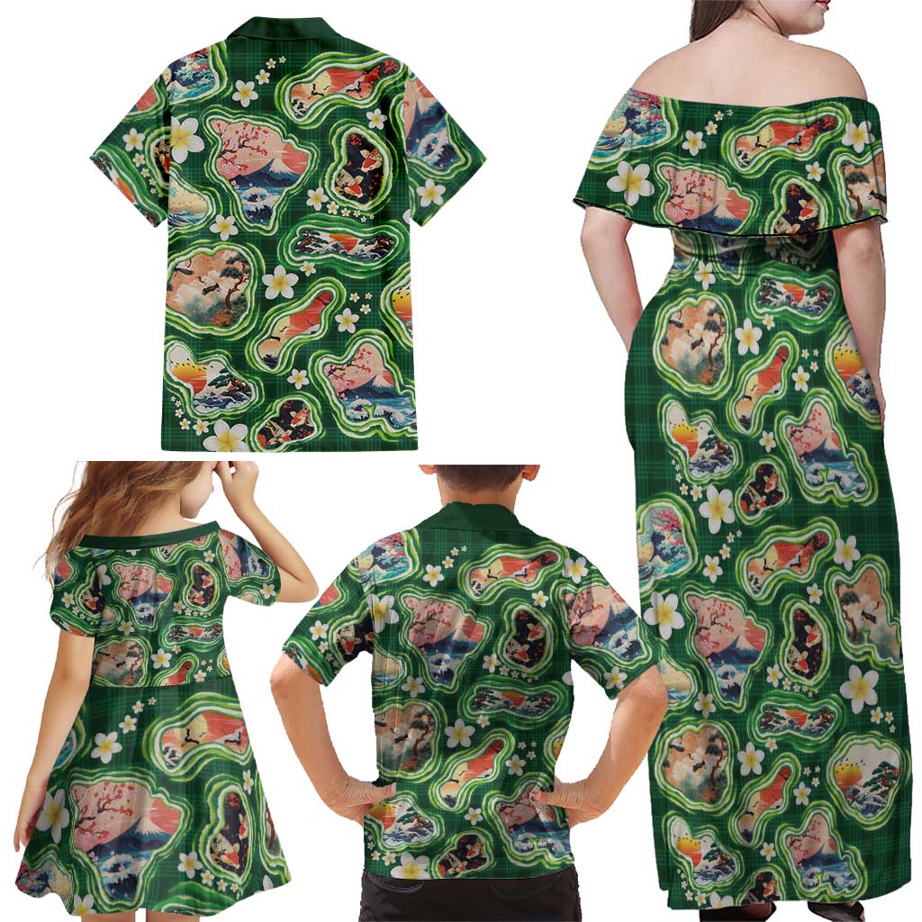 Hawaiian and Japanese Culture Together Family Matching Off Shoulder Maxi Dress and Hawaiian Shirt Hawaiian Island Shapes with Japanese Landscape Green Color