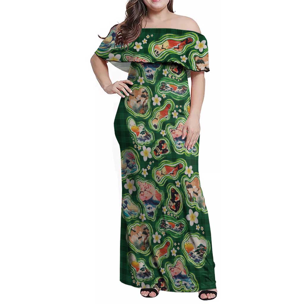 Hawaiian and Japanese Culture Together Family Matching Off Shoulder Maxi Dress and Hawaiian Shirt Hawaiian Island Shapes with Japanese Landscape Green Color