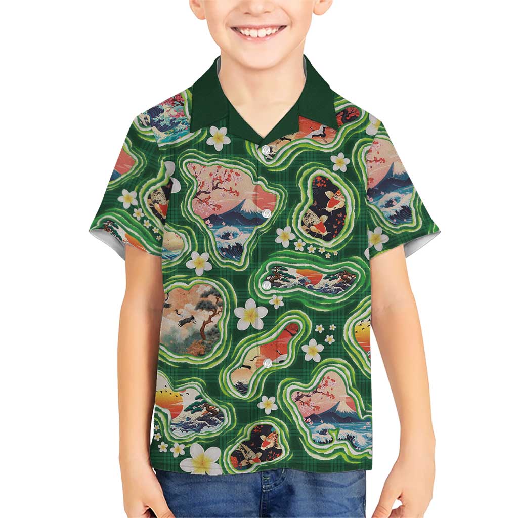 Hawaiian and Japanese Culture Together Family Matching Off Shoulder Maxi Dress and Hawaiian Shirt Hawaiian Island Shapes with Japanese Landscape Green Color