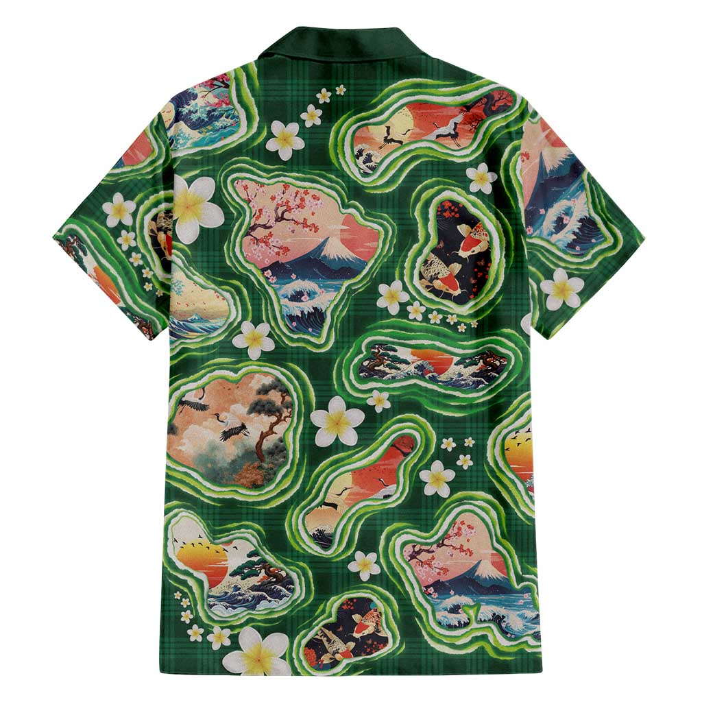 Hawaiian and Japanese Culture Together Family Matching Off Shoulder Short Dress and Hawaiian Shirt Hawaiian Island Shapes with Japanese Landscape Green Color
