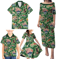 Hawaiian and Japanese Culture Together Family Matching Puletasi and Hawaiian Shirt Hawaiian Island Shapes with Japanese Landscape Green Color