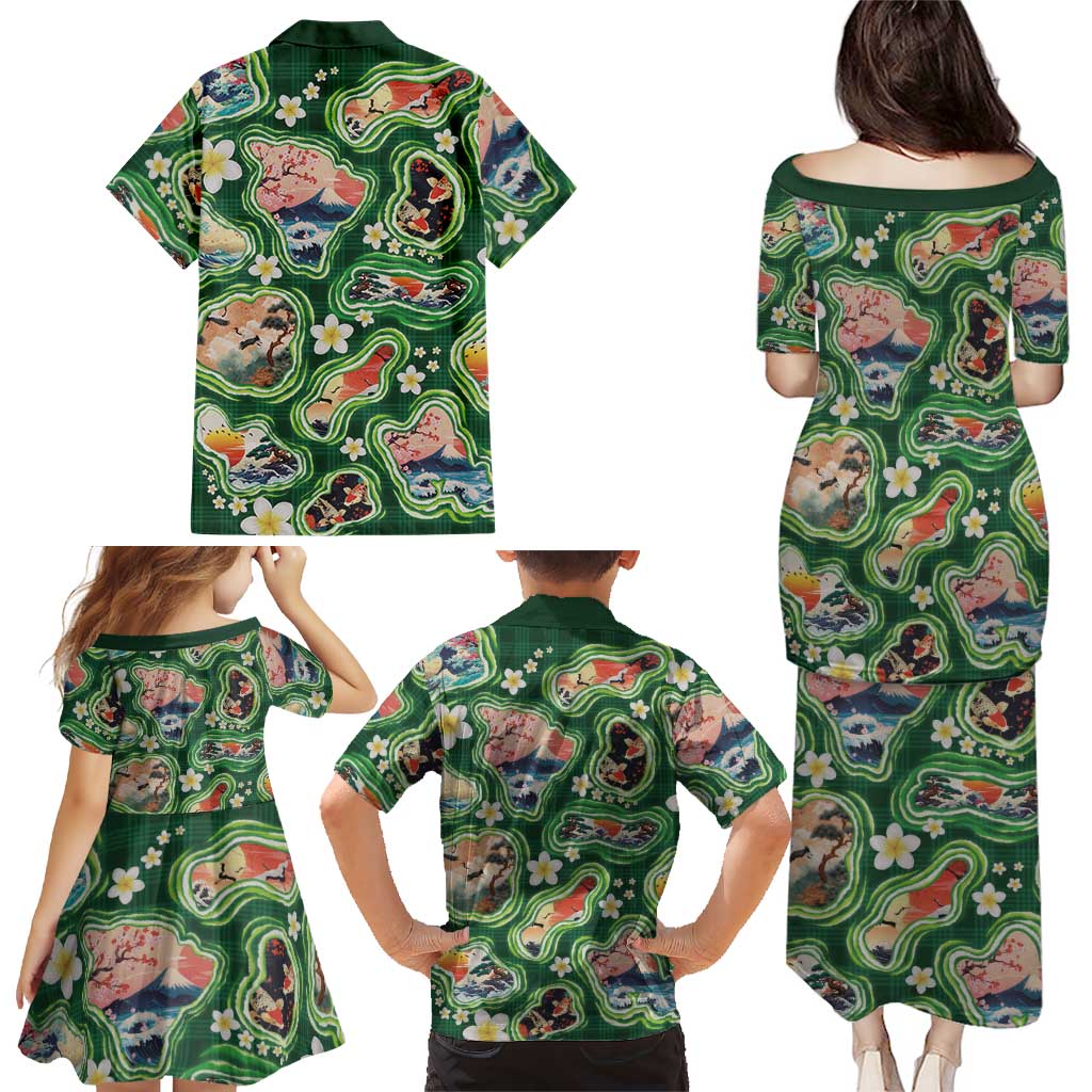 Hawaiian and Japanese Culture Together Family Matching Puletasi and Hawaiian Shirt Hawaiian Island Shapes with Japanese Landscape Green Color