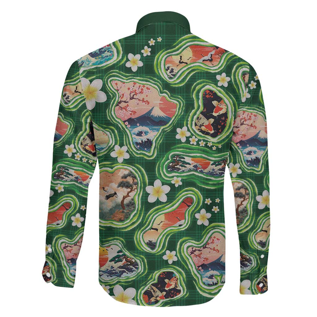 Hawaiian and Japanese Culture Together Family Matching Puletasi and Hawaiian Shirt Hawaiian Island Shapes with Japanese Landscape Green Color