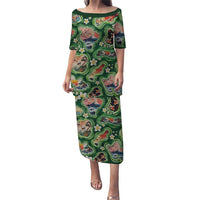 Hawaiian and Japanese Culture Together Family Matching Puletasi and Hawaiian Shirt Hawaiian Island Shapes with Japanese Landscape Green Color