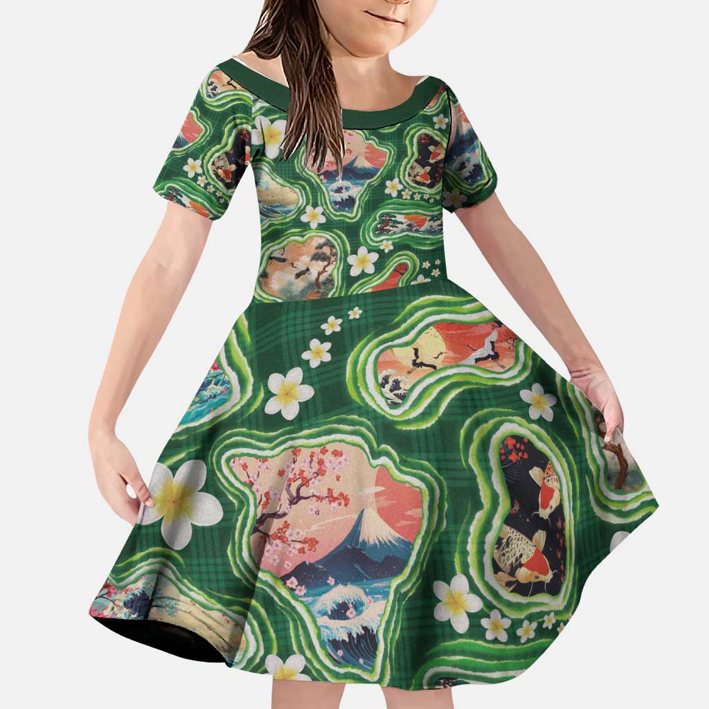 Hawaiian and Japanese Culture Together Family Matching Short Sleeve Bodycon Dress and Hawaiian Shirt Hawaiian Island Shapes with Japanese Landscape Green Color