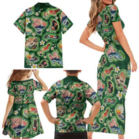 Hawaiian and Japanese Culture Together Family Matching Short Sleeve Bodycon Dress and Hawaiian Shirt Hawaiian Island Shapes with Japanese Landscape Green Color