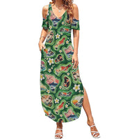 Hawaiian and Japanese Culture Together Family Matching Summer Maxi Dress and Hawaiian Shirt Hawaiian Island Shapes with Japanese Landscape Green Color