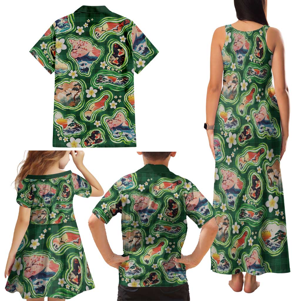 Hawaiian and Japanese Culture Together Family Matching Tank Maxi Dress and Hawaiian Shirt Hawaiian Island Shapes with Japanese Landscape Green Color