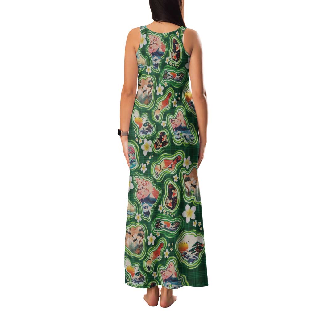 Hawaiian and Japanese Culture Together Family Matching Tank Maxi Dress and Hawaiian Shirt Hawaiian Island Shapes with Japanese Landscape Green Color