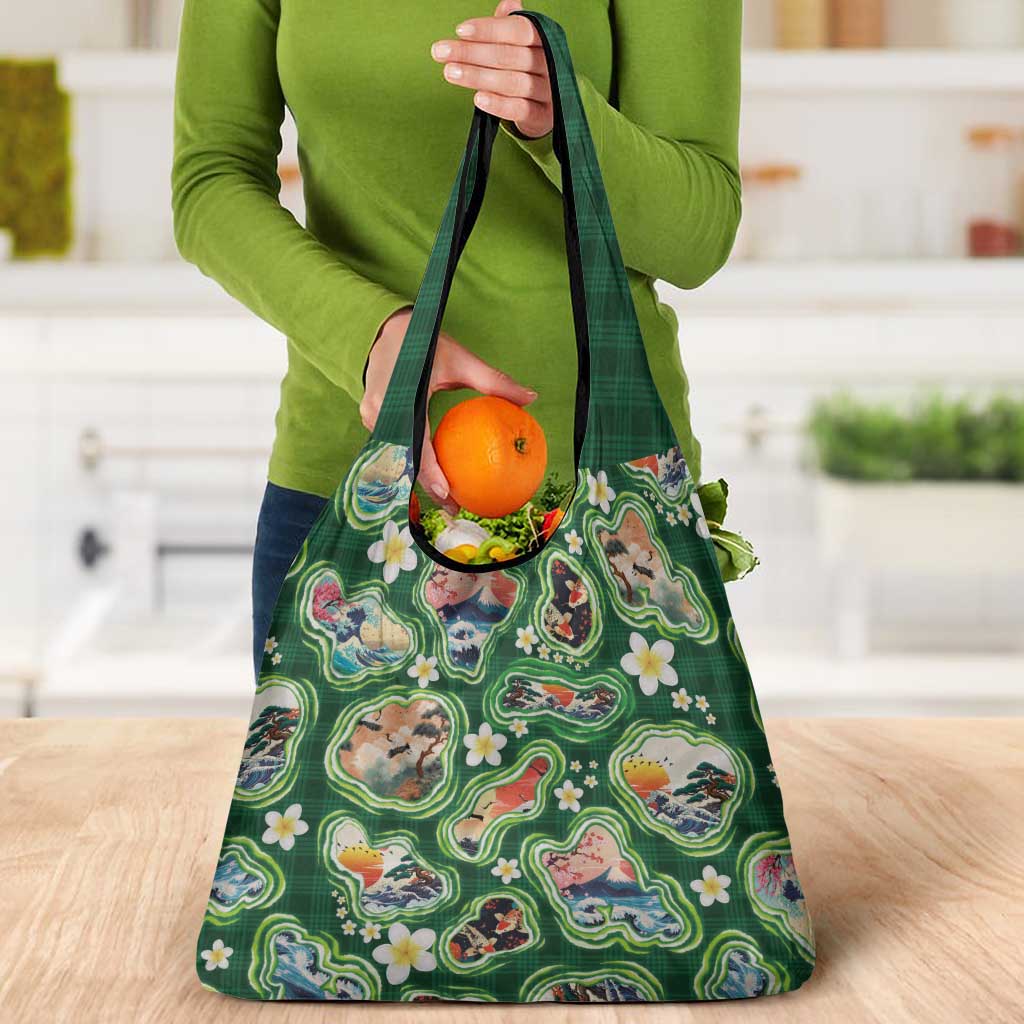 Hawaiian and Japanese Culture Together Grocery Bag Hawaiian Island Shapes with Japanese Landscape Green Color