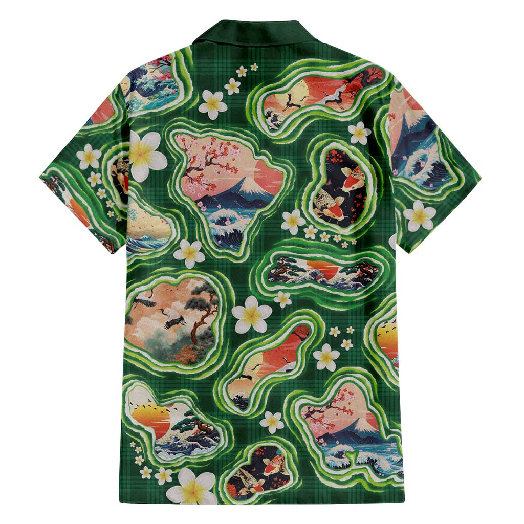 Hawaiian and Japanese Culture Together Hawaiian Shirt Hawaiian Island Shapes with Japanese Landscape Green Color