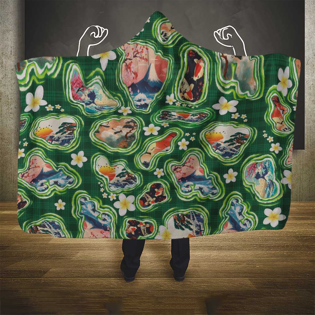 Hawaiian and Japanese Culture Together Hooded Blanket Hawaiian Island Shapes with Japanese Landscape Green Color
