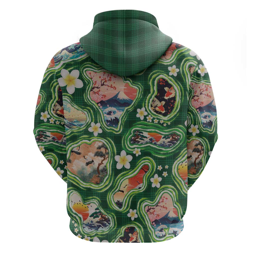 Hawaiian and Japanese Culture Together Hoodie Hawaiian Island Shapes with Japanese Landscape Green Color