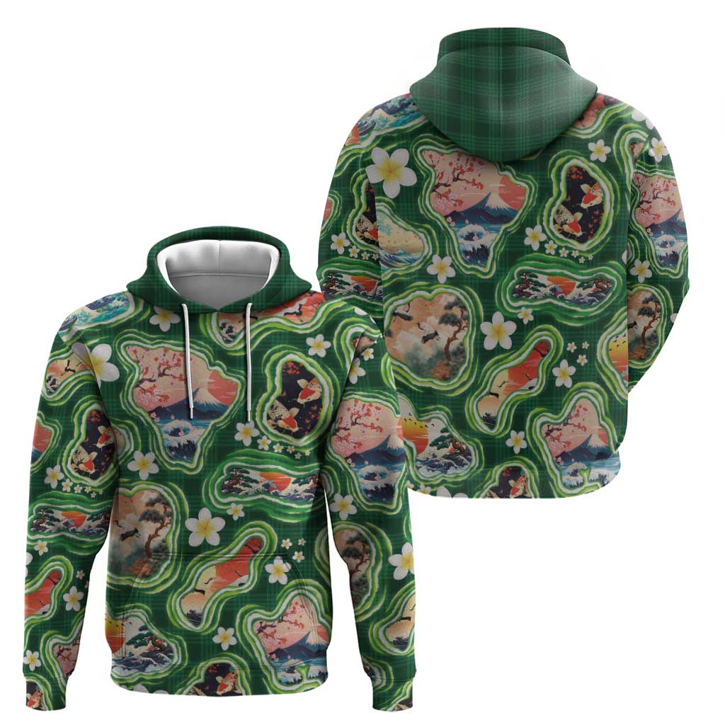 Hawaiian and Japanese Culture Together Hoodie Hawaiian Island Shapes with Japanese Landscape Green Color