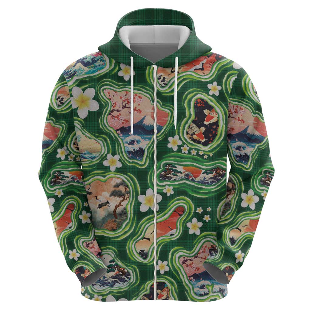 Hawaiian and Japanese Culture Together Hoodie Hawaiian Island Shapes with Japanese Landscape Green Color