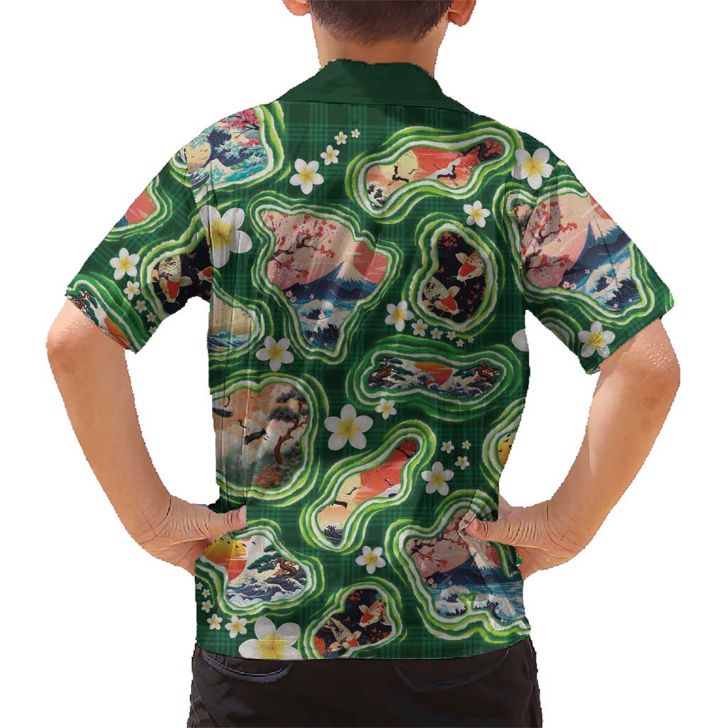 Hawaiian and Japanese Culture Together Kid Hawaiian Shirt Hawaiian Island Shapes with Japanese Landscape Green Color