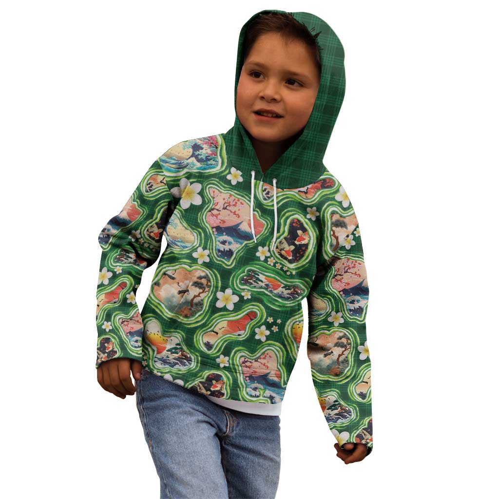 Hawaiian and Japanese Culture Together Kid Hoodie Hawaiian Island Shapes with Japanese Landscape Green Color