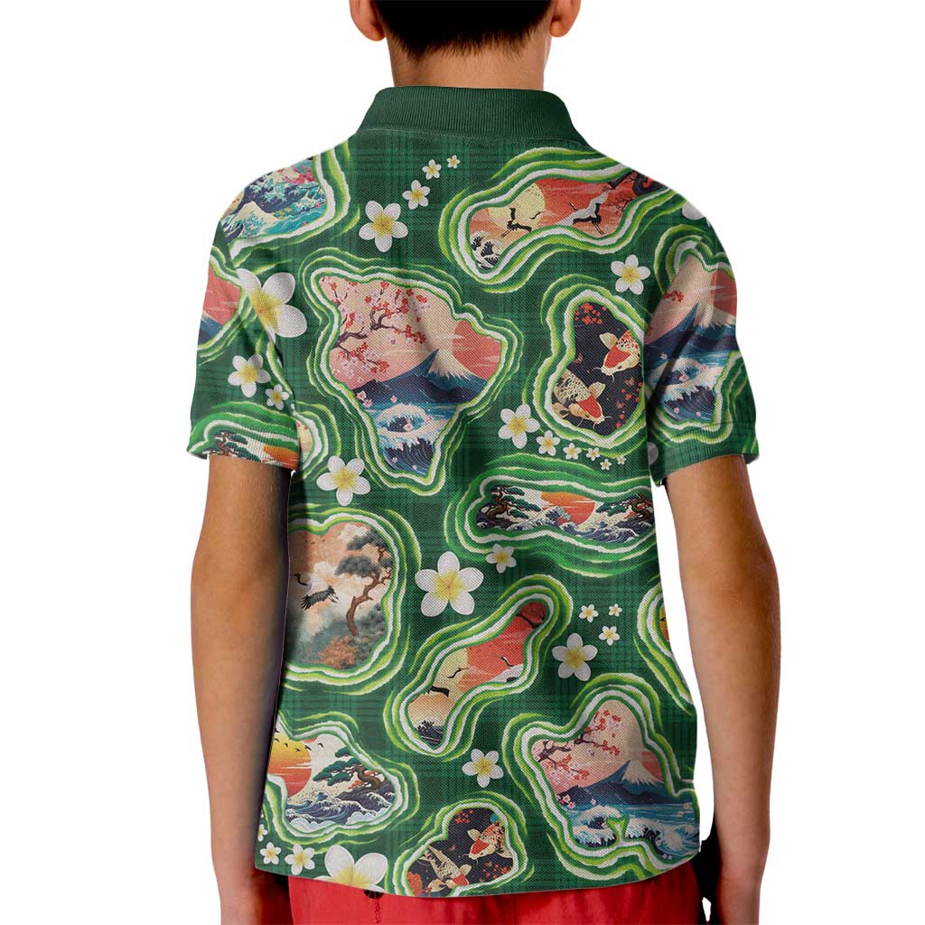 Hawaiian and Japanese Culture Together Kid Polo Shirt Hawaiian Island Shapes with Japanese Landscape Green Color