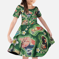 Hawaiian and Japanese Culture Together Kid Short Sleeve Dress Hawaiian Island Shapes with Japanese Landscape Green Color