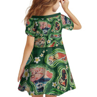 Hawaiian and Japanese Culture Together Kid Short Sleeve Dress Hawaiian Island Shapes with Japanese Landscape Green Color