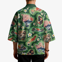 Hawaiian and Japanese Culture Together Kimono Hawaiian Island Shapes with Japanese Landscape Green Color