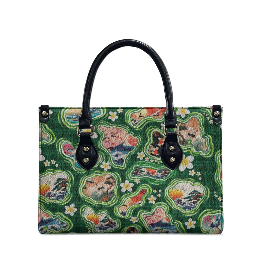 Hawaiian and Japanese Culture Together Leather Bag Hawaiian Island Shapes with Japanese Landscape Green Color