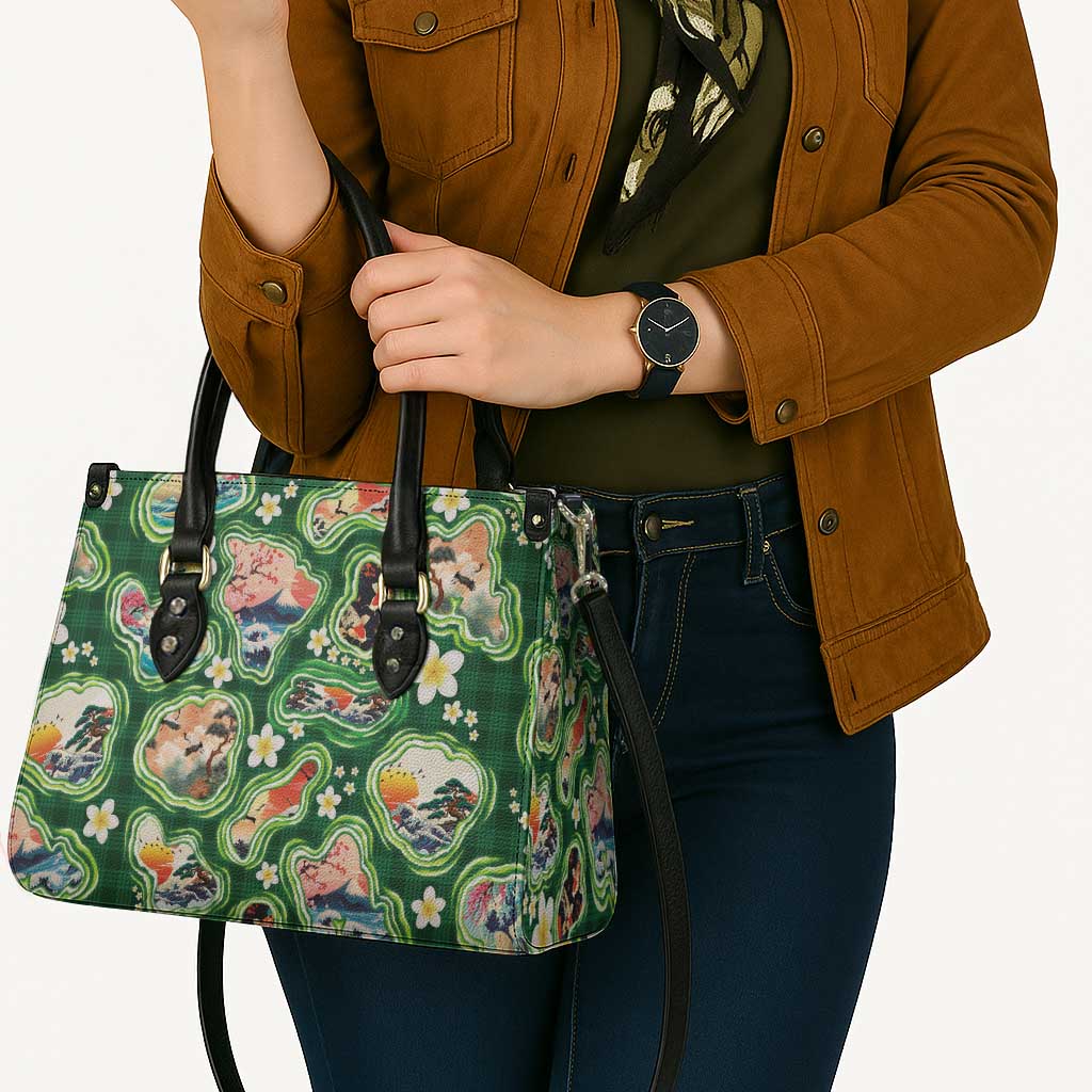 Hawaiian and Japanese Culture Together Leather Bag Hawaiian Island Shapes with Japanese Landscape Green Color