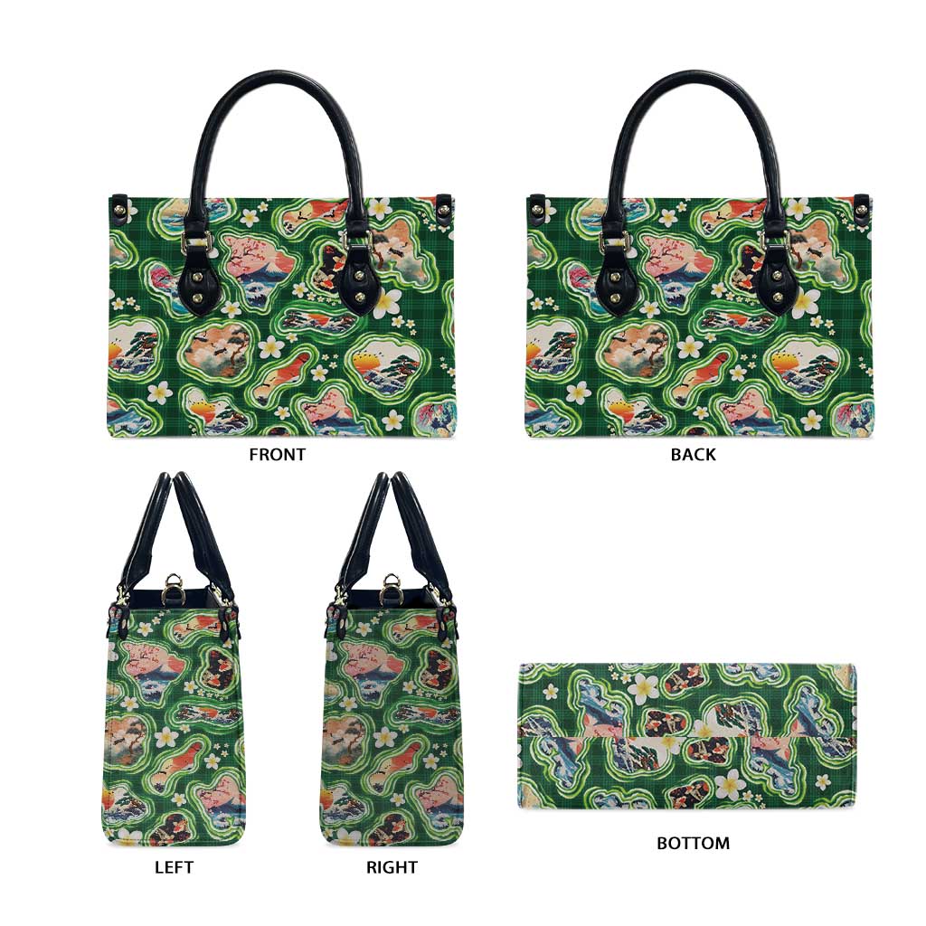 Hawaiian and Japanese Culture Together Leather Bag Hawaiian Island Shapes with Japanese Landscape Green Color