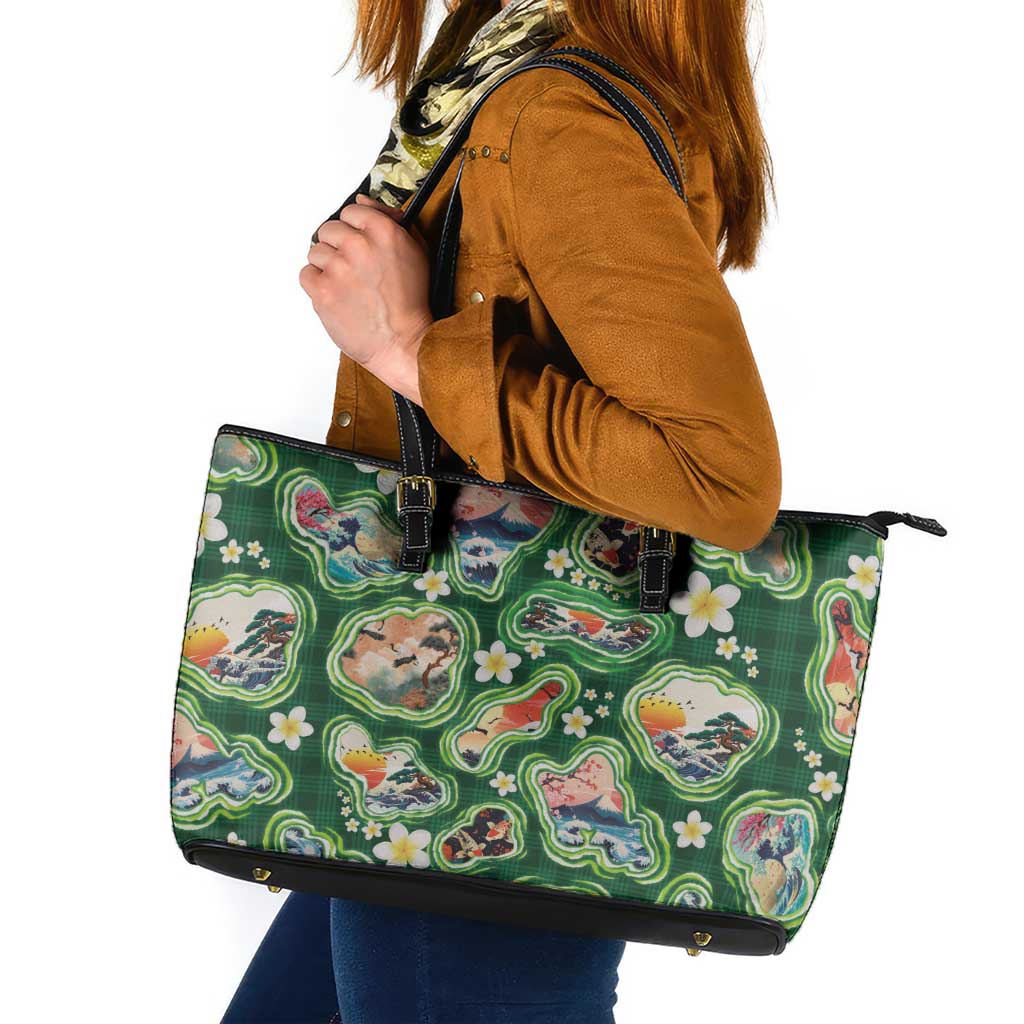 Hawaiian and Japanese Culture Together Leather Tote Bag Hawaiian Island Shapes with Japanese Landscape Green Color