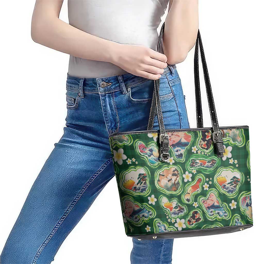Hawaiian and Japanese Culture Together Leather Tote Bag Hawaiian Island Shapes with Japanese Landscape Green Color