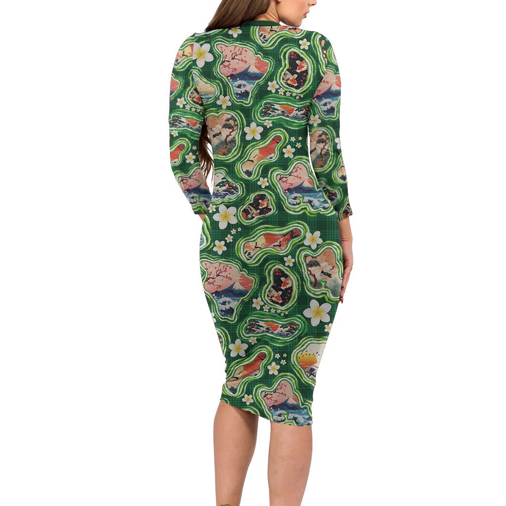 Hawaiian and Japanese Culture Together Long Sleeve Bodycon Dress Hawaiian Island Shapes with Japanese Landscape Green Color