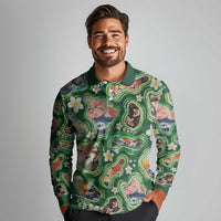 Hawaiian and Japanese Culture Together Long Sleeve Polo Shirt Hawaiian Island Shapes with Japanese Landscape Green Color