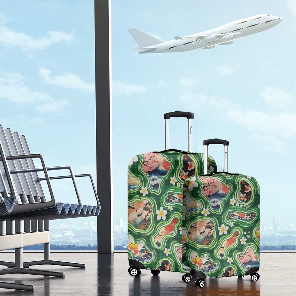 Hawaiian and Japanese Culture Together Luggage Cover Hawaiian Island Shapes with Japanese Landscape Green Color