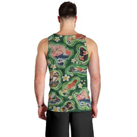 Hawaiian and Japanese Culture Together Men Tank Top Hawaiian Island Shapes with Japanese Landscape Green Color