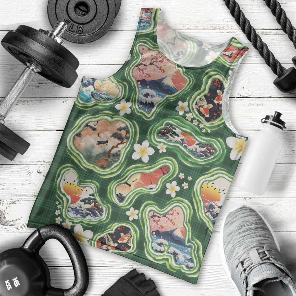 Hawaiian and Japanese Culture Together Men Tank Top Hawaiian Island Shapes with Japanese Landscape Green Color