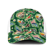 Hawaiian and Japanese Culture Together Mesh Trucker Cap Hawaiian Island Shapes with Japanese Landscape Green Color