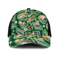 Hawaiian and Japanese Culture Together Mesh Trucker Cap Hawaiian Island Shapes with Japanese Landscape Green Color