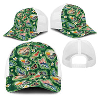 Hawaiian and Japanese Culture Together Mesh Trucker Cap Hawaiian Island Shapes with Japanese Landscape Green Color