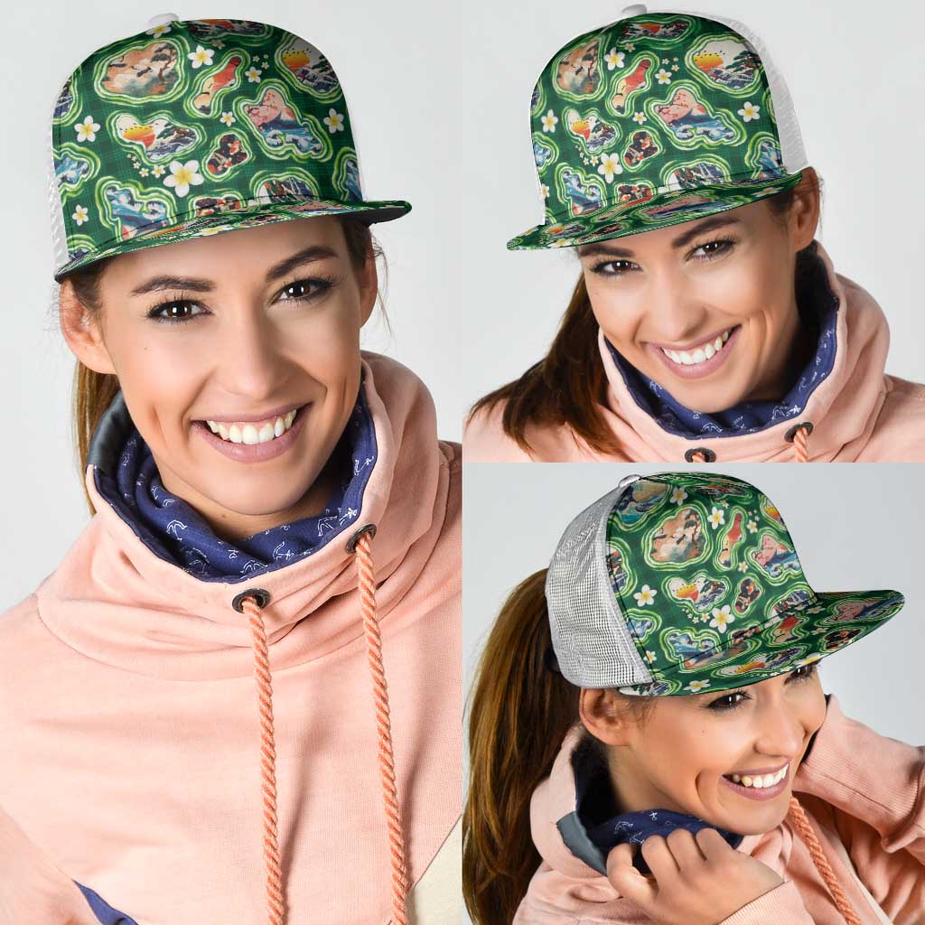 Hawaiian and Japanese Culture Together Mesh Trucker Cap Hawaiian Island Shapes with Japanese Landscape Green Color