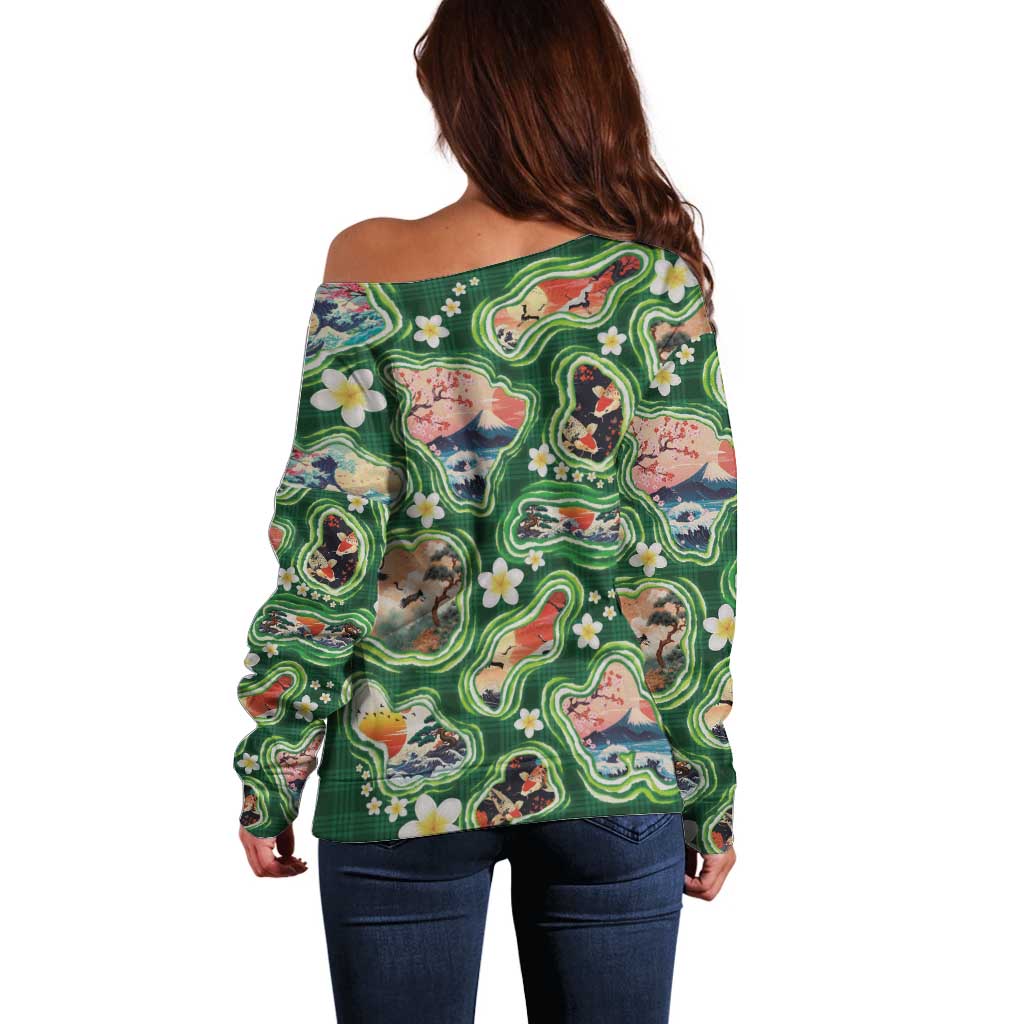 Hawaiian and Japanese Culture Together Off Shoulder Sweater Hawaiian Island Shapes with Japanese Landscape Green Color